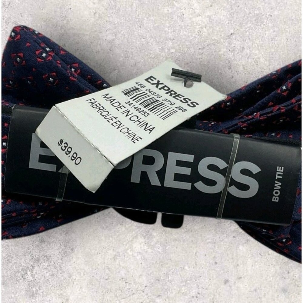 NEW EXPRESS Silk Bow Tie Blue Burgundy Geometric W:2.5" - Picture 2 of 4